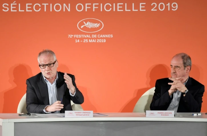 Le délégué général Thierry Frémaux (g) et le président Pierre Lescure, le 18 avril 2019, présentant la sélection du 72e festival de Cannes