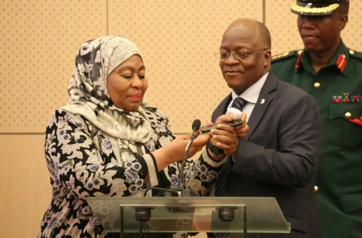 La vice-présidente tanzanienne Samia Suluhu Hassan et le président John Magufuli, le 24 juillet 2019 à Dar es Salaam.