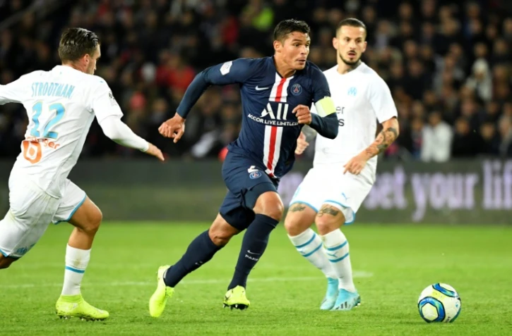 Le capitaine du Paris SG, Thiago Silva (c), lors du match de Ligue 1 face Ă Marseille, au Parc des Princes, le 27 octobre 2019