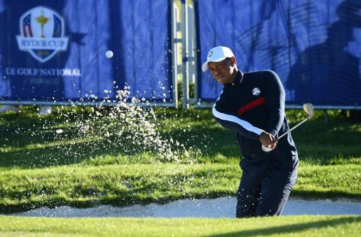 L'Américain Tiger Woods s'entraîne pour la Ryder Cup, au Gol National de Saint-Quentin-en-Yvelines, le 25 septembre 2018