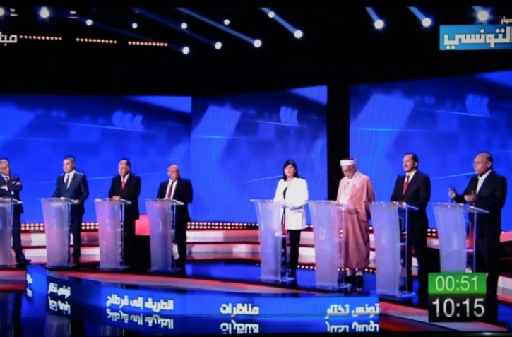 Capture d'écran montrant le plateau du premier des trois débats pour le 1er tour de l'élection présidentielle en Tunisie, le 7 septembre 2019 à Tunis