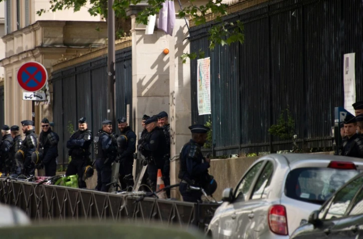 Des CRS à l'entrée de l'Ecole normale supérieure, rue d'Ulm à Paris, le 3 mai 2018
