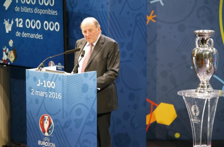 Jacques Lambert tient une conférence de presse à 100 jours du coup d'envoi de l'Euro-2016, le 2 mars à Paris