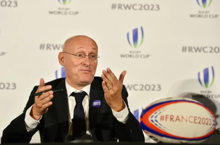 Le président FFR Bernard Laporte en conférence de presse après la présentation de la candidature de la France au Mondial-2023, le 25 septembre 2017 à Londres