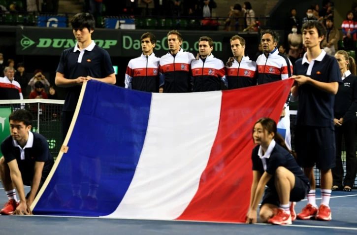 Pierre-Hugues Herbert, Nicolas Mahut, Gilles Simon, Richard Gasquet et Yannick Noah
lors de la dérémonie d'ouverture de la Coupe Davis le 3 février 2017 à Melbourne