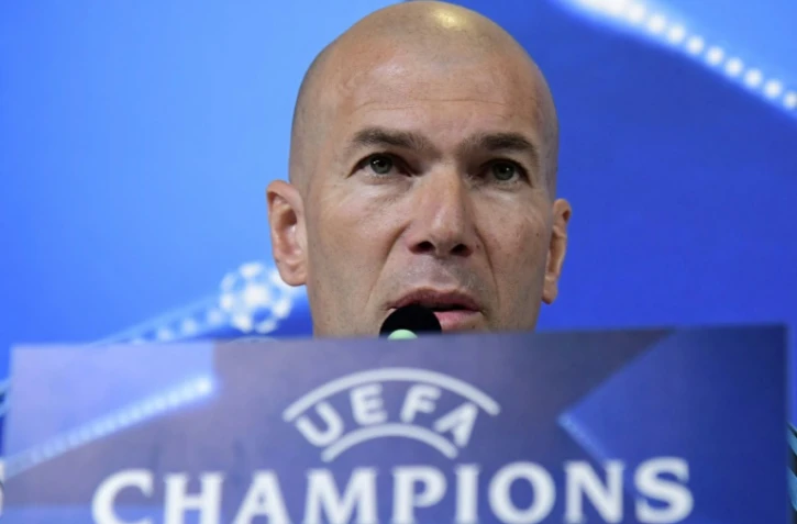 L'entraßneur du Real Madrid, et ancien joueur de la Juventus,  Zinedine Zidane, lors de la conférence de presse d'avant-match, le 2 avril 2018 à Turin