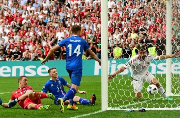 L'Islandais Birkir Saevarsson marque contre son camp contre la Hongrie lors de l'Euro, le 18 juin 2016 Ă Marseille