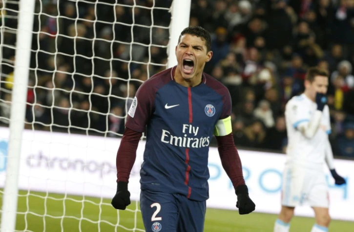 Le défenseur brésilien du Paris Saint-Germain, Thiago Silva, au cours du match gagné 3-0 devant l'Olympique de Marseille, le 25 février 2018 au Parc des Princes à Paris