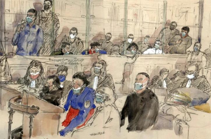 Croquis d'audience du procès de neuf Egyptiens accusés du meurtre en août 2018 de Vanesa Campos, le 11 janvier 2022 à la cour d'assises de Paris