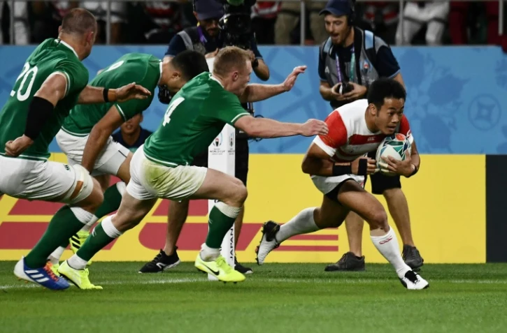L'ailier Kenki Fukuoka, plus vif que les Irlandais, va inscrire l'essai de la victoire historique des Braves Blossoms japonais, le 28 septembre 2019 Ă Shizuoka