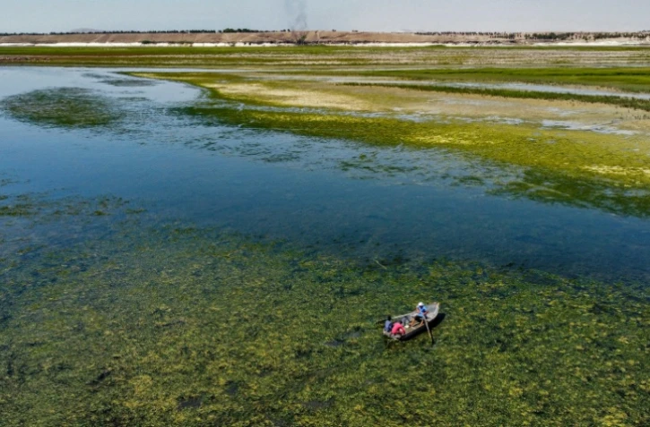 Vue aérienne d'une barque naviguant en amont du lac Assad, le long du fleuve Euphrate,le 25 juillet 2021 à Roumeila