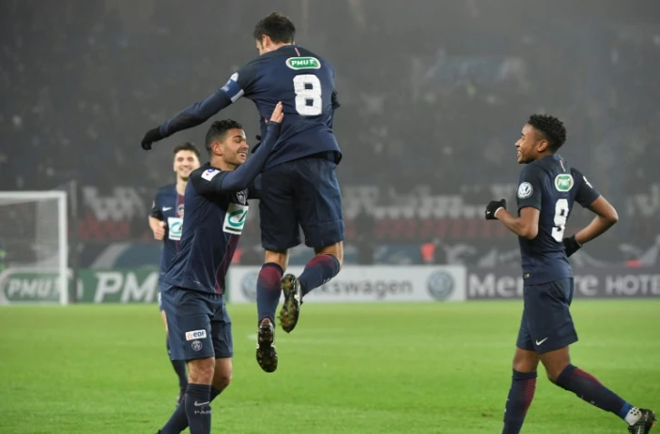 Thiago Motta (N.8) fête son but pour le PSG face à Bastia en Coupe de France, le 7 janvier 2017 au Parc des Princes