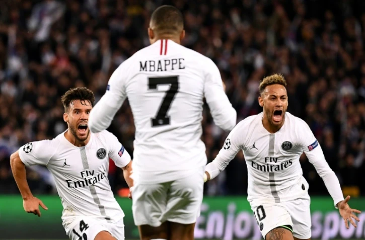 Les Parisiens (de g. à d.) Juan Bernat, Kylian Mbappé et Neymar contre Liverpool en Ligue des champions, le 28 novembre 2018 au Parc des Princes
