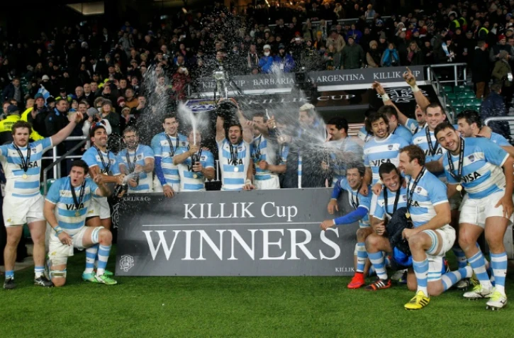 Les Pumas argentins vainqueurs d'un test-match face aux Barbarians britanniques Ă Twickenham, le 21 novembre 2015