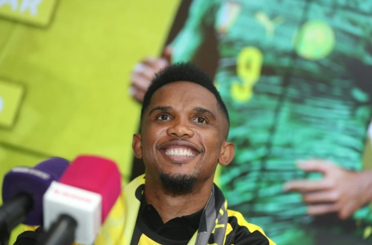 L'attaquant camerounais Samuel Eto'o après la signature de son contrat avec le club du Qatar SC, le 14 août 2018 à Doha