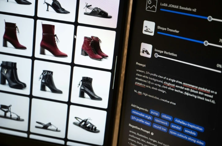 Des modèles de chaussures  générés par l'IA dans les bureaux de la start-up Imki à Schiltigheim, près de Strasbourg, le 26 février 2025 dans le Bas-Rhin