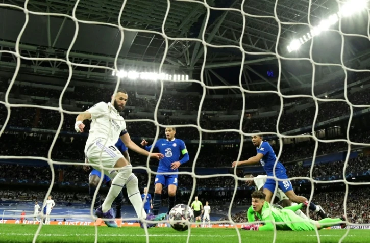Le capitaine du Real Karim Benzema ouvre le score face à Chelsea, en quart de finale aller de la Ligue des champions, le 12 avril 2023 à Madrid