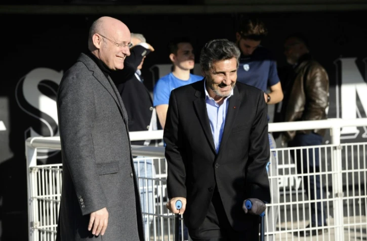 Le président de la FFR Bernard Laporte (g) et celui de Montpellier, Mohed Altrad, le 19 février 2017, à l'Altrad Stadium