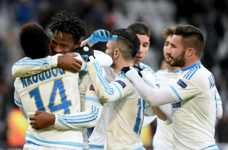 Les joueurs de Marseille célèbrent un but de Michy Batshuayi (2g) en Europa League contre Groningen, le 26 novembre 2015 au Stade Vélodrome
