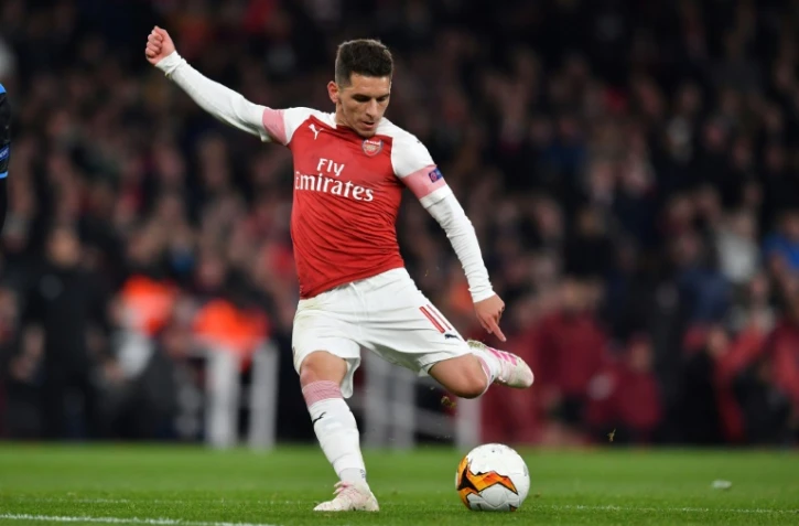 Le milieu uruguayen Lucas Torreira marque le second but d'Arsenal contre Naples en quart de finale aller de la Ligue Europa, le 11 avril 2019 Ă Londres