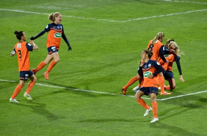 Les féminines de Montpellier, lors de la finale de la Coupe de France, le 18 avril 2015 au stade de l'Épopée à Calais