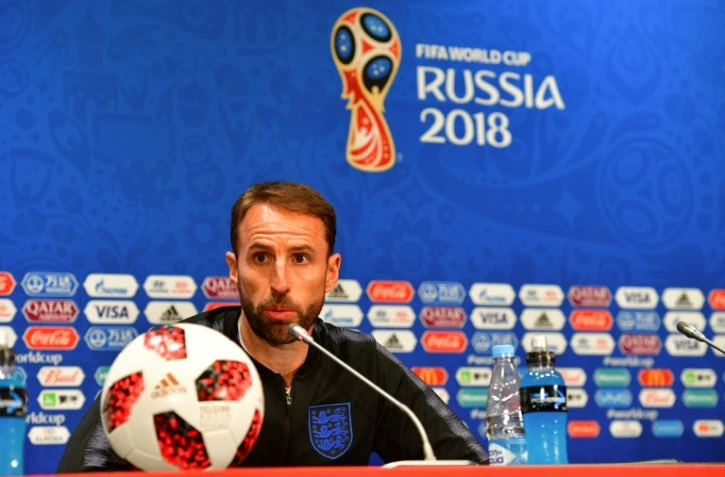 Le sélectionneur anglais Gareth Southgate lors d'une conférence de presse à Moscou avant la demi-finale du Mondial face à la Croatie le 10 juillet 2018