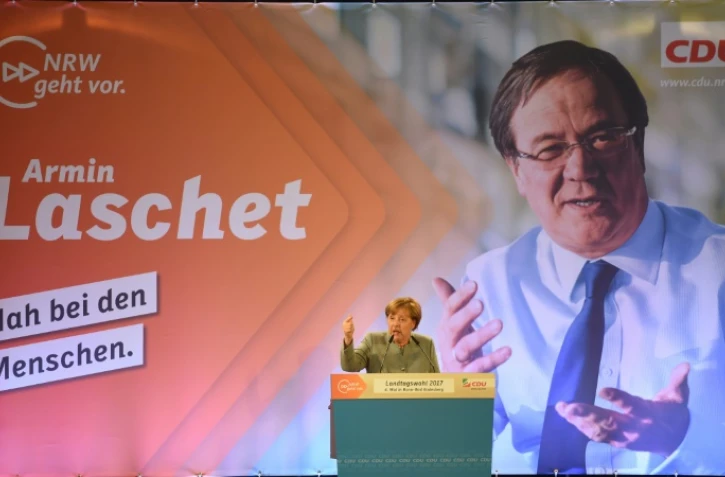 Angela Merkel lors d'un meeting à Bonn pour les élections régionales dans le nord de l'Allemagne, le 5 mai 2017