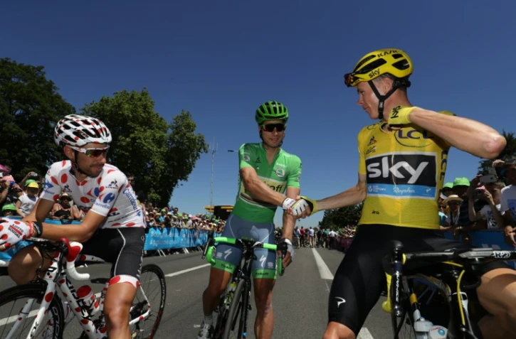 Thomas De Gendt (g), Peter Sagan et Cristopher Froome, avant le départ de la 16e étape du Tour de France, le 17 juillet 2016 à Bourg-en-Bresse