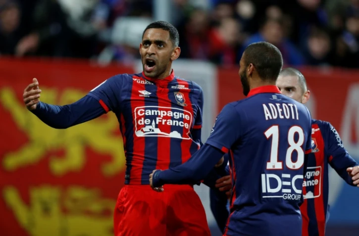 L'attaquant de Caen Sylvio Ronny Rodelin (g) auteur de l'unique but face à Nancy, le 21 février 2017 à Caen 