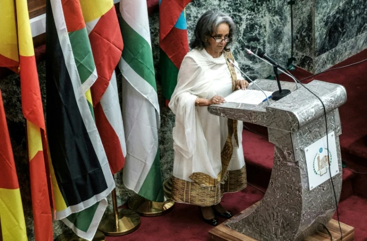La nouvelle présidente de l'Ethiopie Sahle-Work Zewde lors de son discours d'investiture devant le Parlement, le 25 octobre 2018 à Addis Abeba