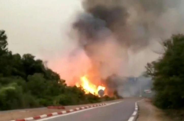 Un incendie fait rage sur le long d'une route menant à la ville de Souarekh, dans la province algérienne d'El Tarf, le 17 août 2022