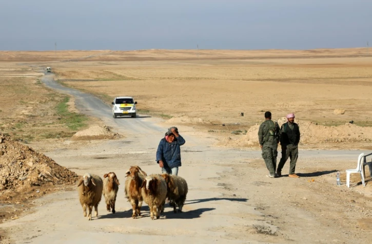 Un Syrien passe avec ses moutons près de combattants des Forces démocratiques syriennes à l'entrée du village d'Al-Hol, dans le nord-est du pays, à la frontière avec l'Irak, le 19 novembre 2015