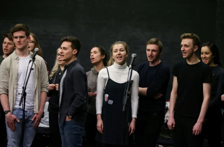 Des élèves de la Royal Central School of Speech and Drama lors d'une répétition, le 24 février 2017 à West End, le quartier londonien des théâtres et comédies musicales