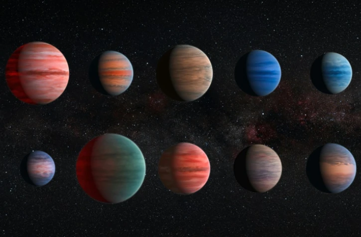 Impression d'artiste des dix exoplanètes chaudes de Jupiter fournie par l'ESA et la NASA, le 9 décembre 2015