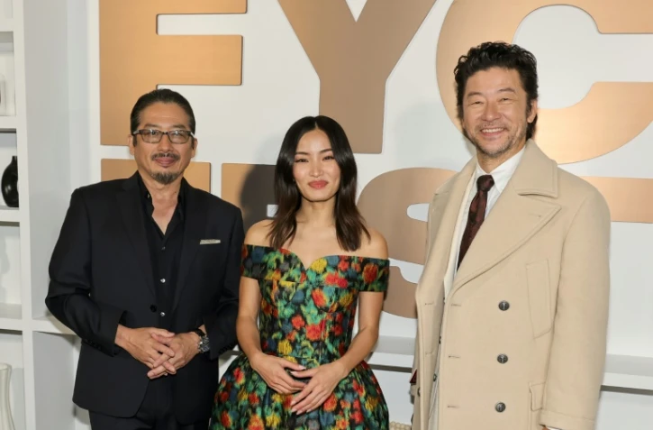 Les acteurs (de gauche à droite) Hiroyuki Sanada, Anna Sawai et Tadanobu Asano de la série Netflix "Shogun", à Los Angeles, aux Etats-Unis, le 11 juin 2024