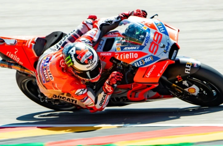Jorge Lorenzo sur sa Ducati, lors du GP d'Allemagne sur le circuit de Sachsenring  le 14 juillet 2018 à Hohenstein-Ernstthal