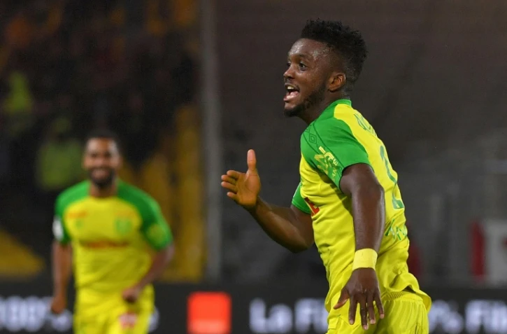 Le défenseur Chidozie Awaziem ouvre le score pour Nantes contre Guingamp à La Beaujoire, le 21 octobre 2017