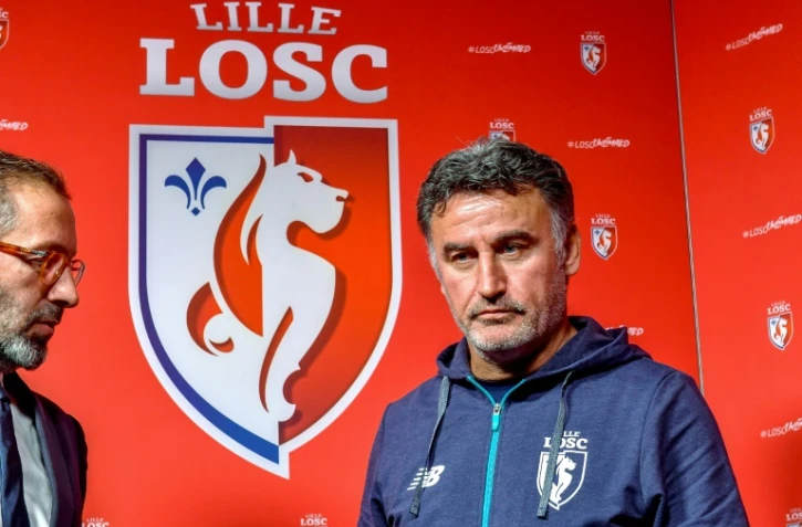 L'entraîneur de Lille Christophe Galtier  lors d'une conférence de presse, le 29 décembre 2017 à Camphin-en-Pévèle