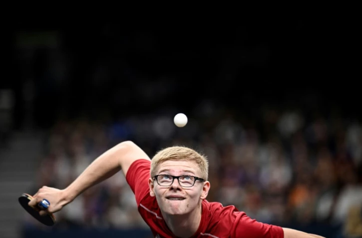 Le pongiste français Félix Lebrun le 28 juillet 2024 aux JO de Paris, à l'Arena Paris Sud