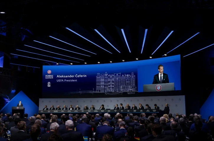 Le président de l'UEFA Aleksander Ceferin durant le congrès de l'UEFA le 3 mars 2020 à Amsterdam.           