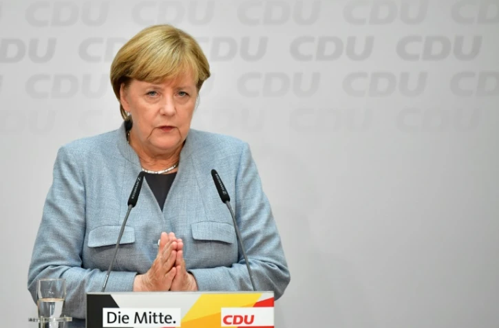 Angela Merkel lors d'une conférence de presse à Berlin au siège de son parti conservateur CDU (démocrates-chrétiens), le 25 septembre 2017