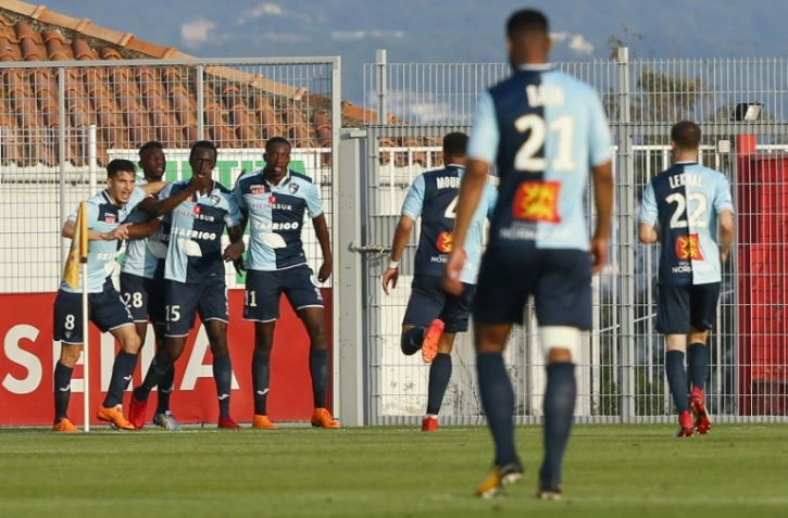 Les joueurs du Havre fêtent un but marqué en barrage de Ligue 2 à Ajaccio, le 20 mai 2018
