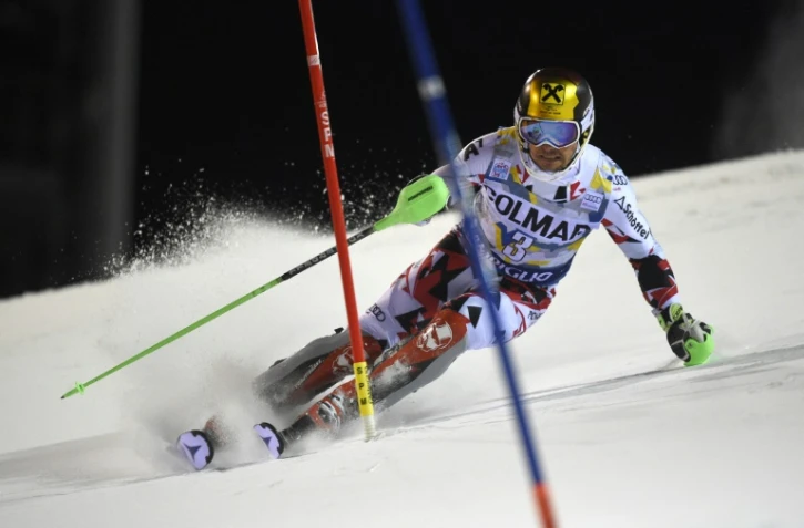 L'Autrichien Marcel Hirscher lors de la 1re manche du slalom en nocturne de  Madonna di Campiglio (Italie), le 22 décembre 2015 