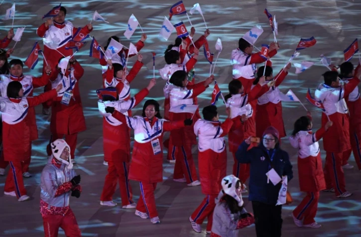 La délégation de la Corée unifiée, lors de la cérémonie de clôture des Jeux olympiques d'hiver à Pyeongchang, le 25 février 2018