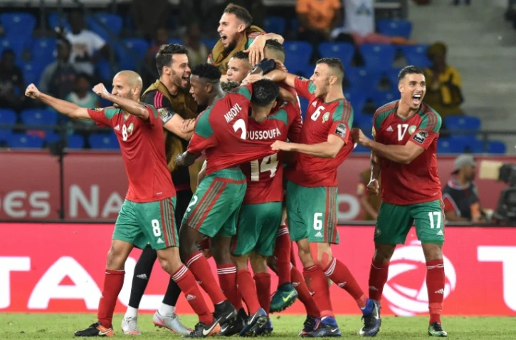 La joie des Marocains après un but contre la Côte d'Ivoire, le 24 janiver 2017 à Oyem