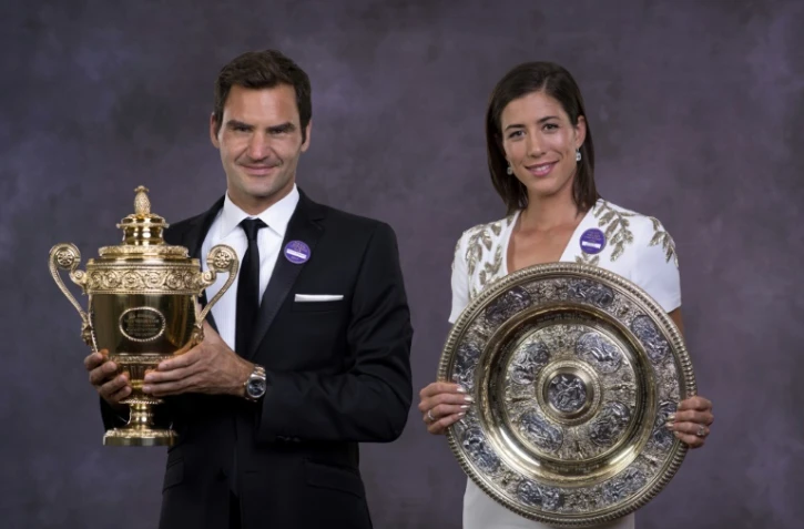 Roger Federer et Garbine Muguruza, vainqueurs de Wimbledon, lors du Dinner des Champions, le 16 juillet 2017 à Londres