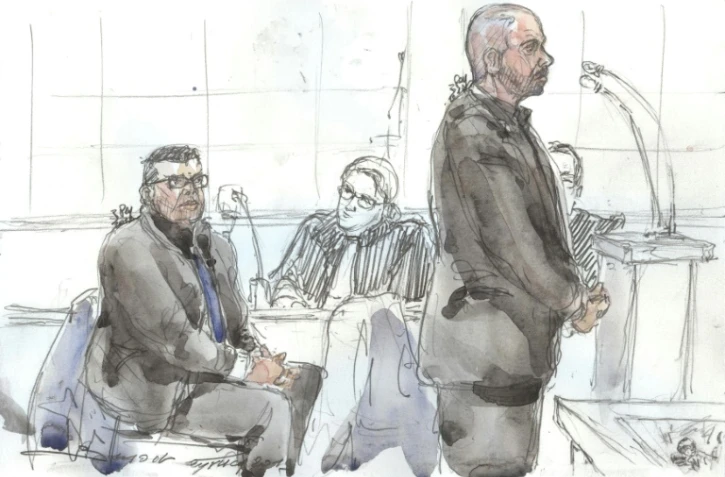 Croquis d'audience réalisé le 14 janvier 2019, montrant Antoine Quirin (G) et Nicolas Redouane lors de leur premier procès devant la Cour d'Assises à Paris