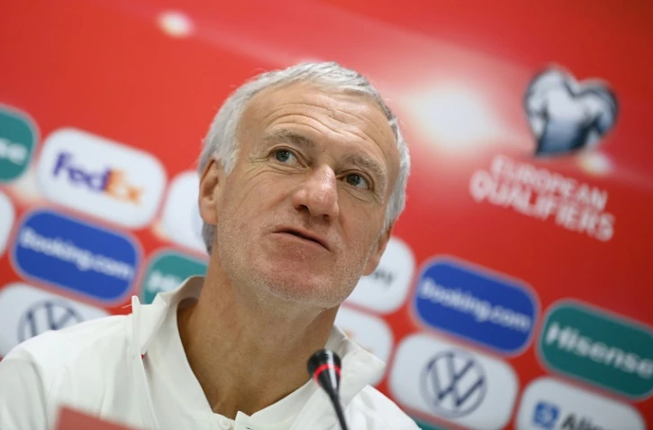 Le sélectionneur de l'équipe de France, Didier Deschamps, lors d'une conférence de presse, le 27 mars 2021 à Nur-Sultan, à la veille du match de quaifications pour le Mondial-2022 contre le Kazakhstan