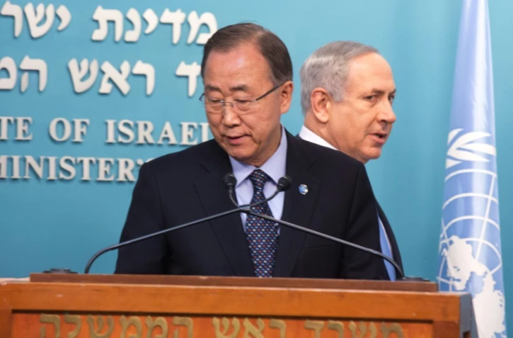 Le secrétaire général de l'Onu Ban Ki-moon et le Premier ministre israélien Benjamin Netanyahu lors d'une conférence de presse le 20 octobre 2015 à Jérusalem