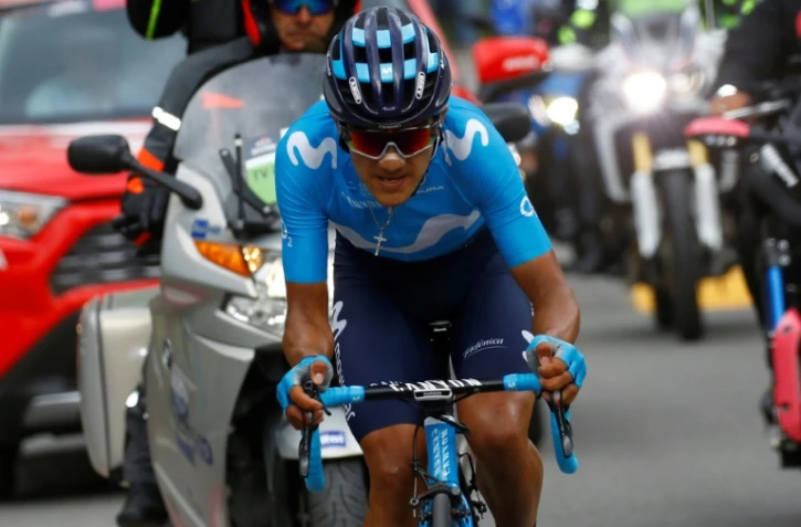 L'Equatorien Richard Carapaz (Movistar) lors de la 14e étape du Giro entre Saint-Vincent et Courmayeur, le 25 mai 2019